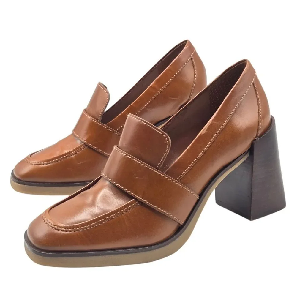 Vince Camuto Women's Cognac Pumps Ezerna Slip On Leather Heeled Loafers Size‎ 8M